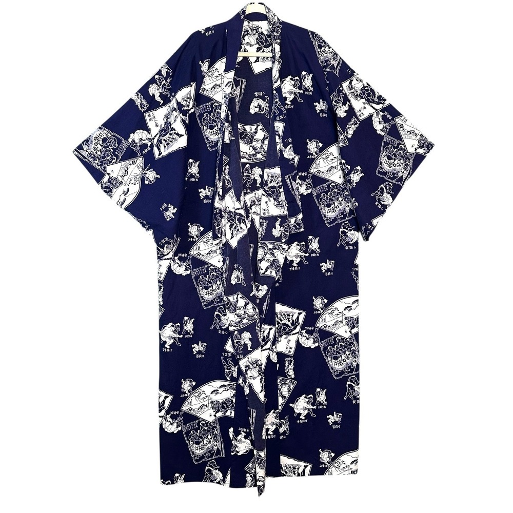 Haori Kimono‎ Jacket Japanese Sumo Print Cotton Unisex Navy White Vintage Long